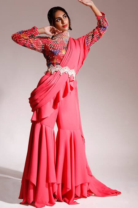 Shop_Nitya Bajaj_Pink Net, Satin Sequins, Pearls, Cut Work High Floral Print Ruffle Sharara Set_Online_at_Aza_Fashions