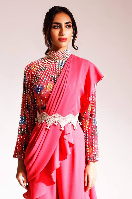 Nitya Bajaj_Pink Net, Satin Sequins, Pearls, Cut Work High Floral Print Ruffle Sharara Set_at_Aza_Fashions