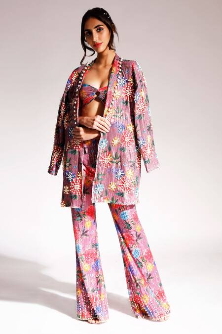 Nitya Bajaj_Multi Color Net Printed And Embroidered Floral Blazer & Pant Set _Online_at_Aza_Fashions