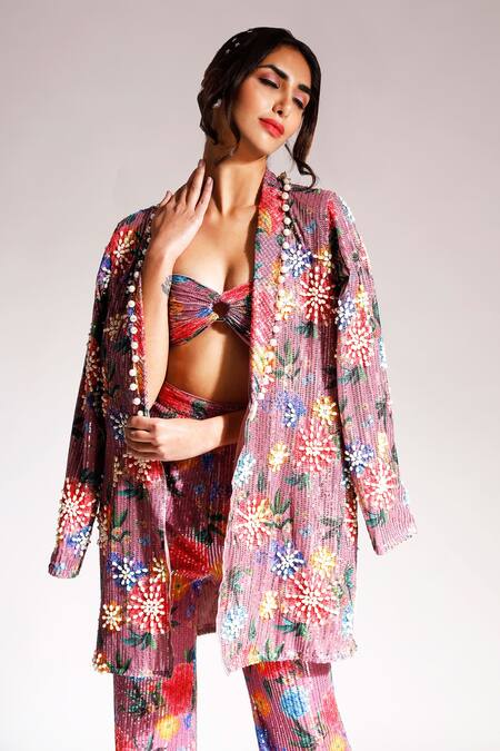 Buy_Nitya Bajaj_Multi Color Net Printed And Embroidered Floral Blazer & Pant Set _Online_at_Aza_Fashions