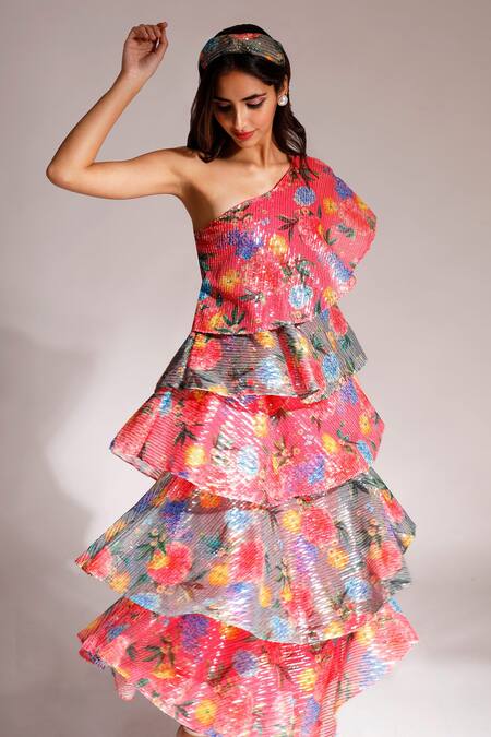 Buy_Nitya Bajaj_Multi Color Net, Satin Sequins, Embroidery One Shoulder Ruffled Dress_Online_at_Aza_Fashions