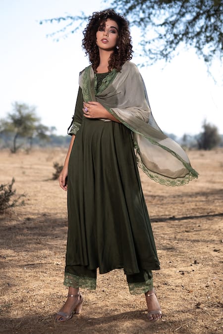 Shop_The Home Affair_Green Cotton, Chiffon Lace Round Neck Umbrella Cut Kurta Set With Shaded Dupatta _Online_at_Aza_Fashions