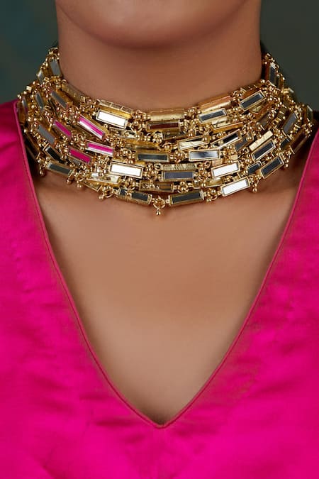 House Of Tuhina_Gold Plated Mirror Studded Link Choker _Online_at_Aza_Fashions