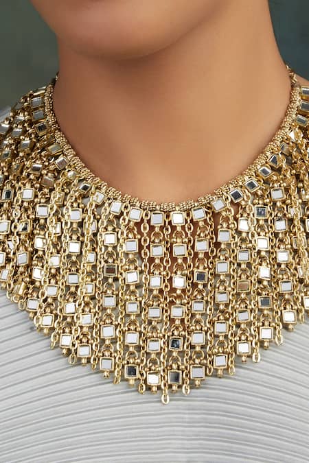House Of Tuhina_Gold Plated Mirror Studded Layered Waterfall Necklace _Online_at_Aza_Fashions