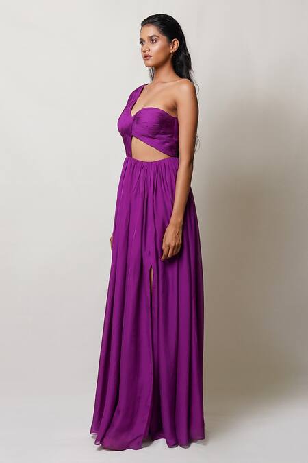 Pinup By Astha Purple Flat Chiffon Lining Butter Crepe One Shoulder Pleated Gown Online at Aza Fashions Pinup By Astha_Purple Flat Chiffon Lining Butter Crepe One Shoulder Pleated Gown _Online_at_Aza_Fashions