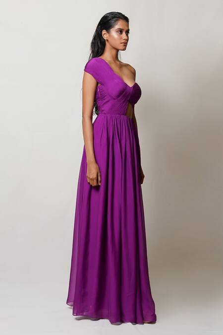 Buy Pinup By Astha Purple Flat Chiffon Lining Butter Crepe One Shoulder Pleated Gown Online at Aza Fashions Buy_Pinup By Astha_Purple Flat Chiffon Lining Butter Crepe One Shoulder Pleated Gown _Online_at_Aza_Fashions