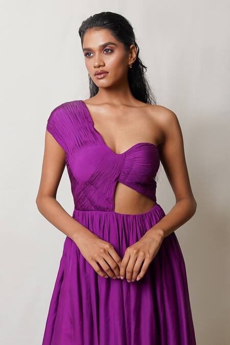 Shop Pinup By Astha Purple Flat Chiffon Lining Butter Crepe One Shoulder Pleated Gown Online at Aza Fashions Shop_Pinup By Astha_Purple Flat Chiffon Lining Butter Crepe One Shoulder Pleated Gown _Online_at_Aza_Fashions