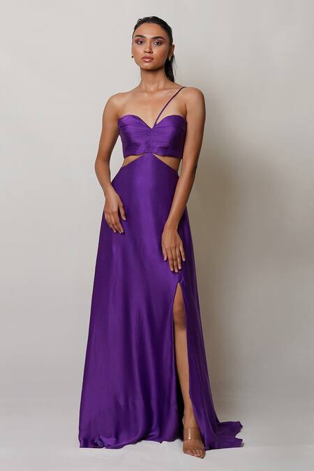 Pinup By Astha Purple Satin, Georgette, Crepe Sweetheart Neck Pleated Front Slit Gown Online at Aza Fashions Pinup By Astha_Purple Satin, Georgette, Crepe Sweetheart Neck Pleated Front Slit Gown _Online_at_Aza_Fashions