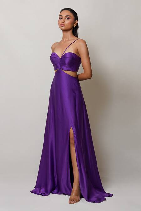 Buy Pinup By Astha Purple Satin, Georgette, Crepe Sweetheart Neck Pleated Front Slit Gown Online at Aza Fashions Buy_Pinup By Astha_Purple Satin, Georgette, Crepe Sweetheart Neck Pleated Front Slit Gown _Online_at_Aza_Fashions