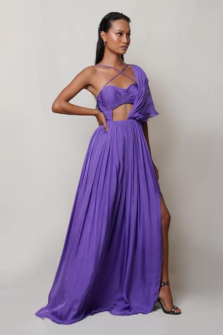 Pinup By Astha Purple Chiffon, Crepe Embroidery Sweetheart Neck Draped Front Slit Gown Online at Aza Fashions Pinup By Astha_Purple Chiffon, Crepe Embroidery Sweetheart Neck Draped Front Slit Gown _Online_at_Aza_Fashions
