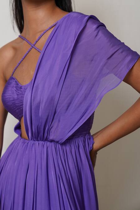 Shop Pinup By Astha Purple Chiffon, Crepe Embroidery Sweetheart Neck Draped Front Slit Gown Online at Aza Fashions Shop_Pinup By Astha_Purple Chiffon, Crepe Embroidery Sweetheart Neck Draped Front Slit Gown _Online_at_Aza_Fashions