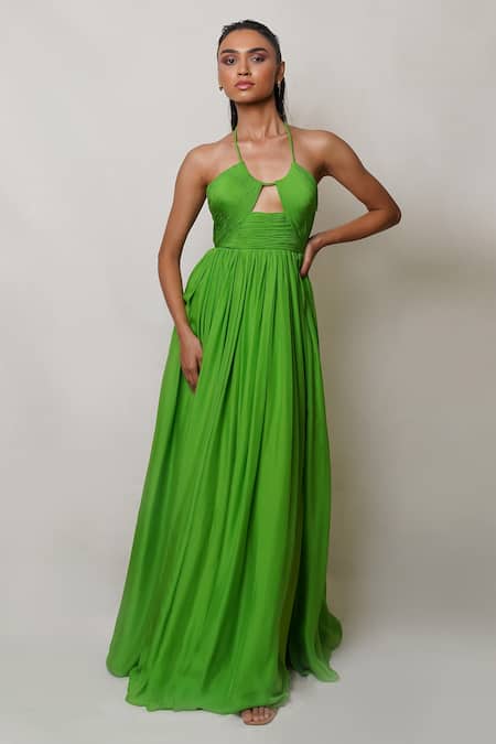 Pinup By Astha Green Pure Flat Chiffon Lining Butter Crepe Halter Neck Front Cutout Gown Online at Aza Fashions Pinup By Astha_Green Pure Flat Chiffon Lining Butter Crepe Halter Neck Front Cutout Gown _Online_at_Aza_Fashions