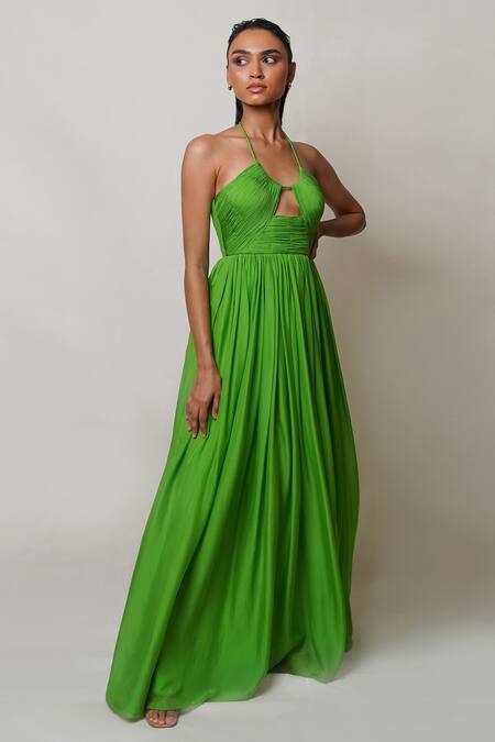 Buy Pinup By Astha Green Pure Flat Chiffon Lining Butter Crepe Halter Neck Front Cutout Gown Online at Aza Fashions Buy_Pinup By Astha_Green Pure Flat Chiffon Lining Butter Crepe Halter Neck Front Cutout Gown _Online_at_Aza_Fashions