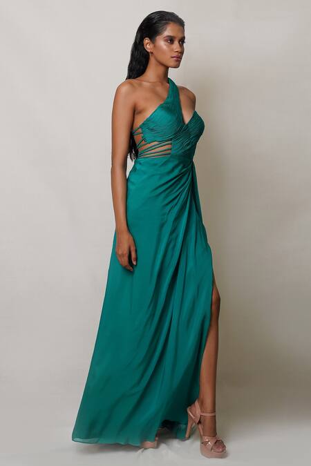 Buy Pinup By Astha Green Art Flat Chiffon Lining Butter Crepe One Shoulder Front Slit Gown Online at Aza Fashions Buy_Pinup By Astha_Green Art Flat Chiffon Lining Butter Crepe One Shoulder Front Slit Gown _Online_at_Aza_Fashions