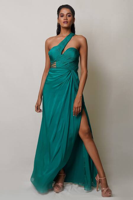 Shop Pinup By Astha Green Art Flat Chiffon Lining Butter Crepe One Shoulder Front Slit Gown Online at Aza Fashions Shop_Pinup By Astha_Green Art Flat Chiffon Lining Butter Crepe One Shoulder Front Slit Gown _Online_at_Aza_Fashions