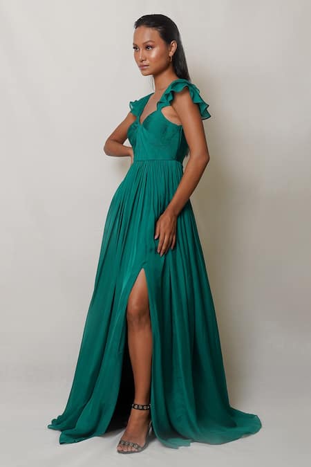 Pinup By Astha_Emerald Green Chiffon, Crepe V-neck Ruffle Sleeve V Gown _Online_at_Aza_Fashions