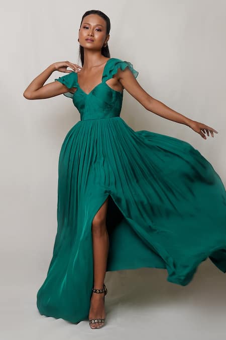 Buy_Pinup By Astha_Emerald Green Chiffon, Crepe V-neck Ruffle Sleeve V Gown _Online_at_Aza_Fashions