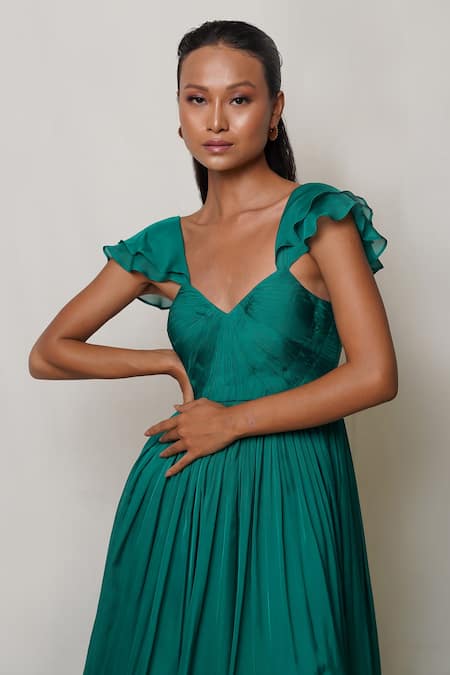 Shop_Pinup By Astha_Emerald Green Chiffon, Crepe V-neck Ruffle Sleeve V Gown _Online_at_Aza_Fashions