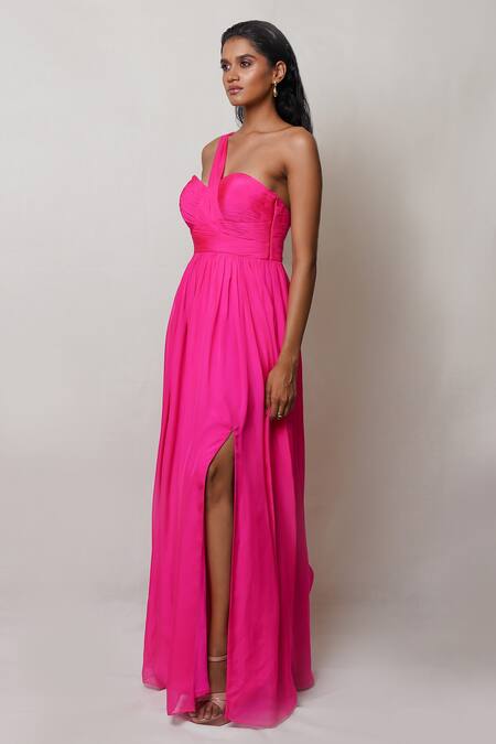 Pinup By Astha Pink Chiffon, Crepe One Shoulder Pleated Gown Online at Aza Fashions Pinup By Astha_Pink Chiffon, Crepe One Shoulder Pleated Gown _Online_at_Aza_Fashions