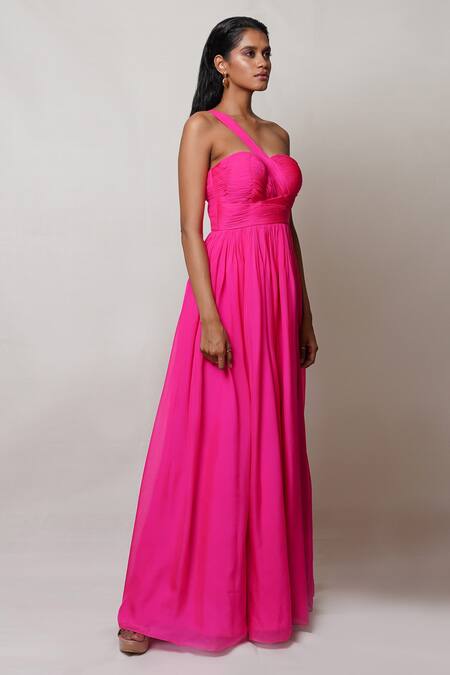 Buy Pinup By Astha Pink Chiffon, Crepe One Shoulder Pleated Gown Online at Aza Fashions Buy_Pinup By Astha_Pink Chiffon, Crepe One Shoulder Pleated Gown _Online_at_Aza_Fashions
