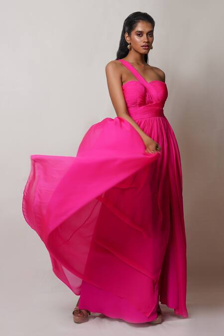 Shop Pinup By Astha Pink Chiffon, Crepe One Shoulder Pleated Gown Online at Aza Fashions Shop_Pinup By Astha_Pink Chiffon, Crepe One Shoulder Pleated Gown _Online_at_Aza_Fashions