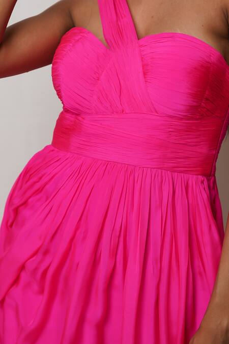 Buy Pinup By Astha Pink Chiffon, Crepe One Shoulder Pleated Gown Buy_Pinup By Astha_Pink Chiffon, Crepe One Shoulder Pleated Gown