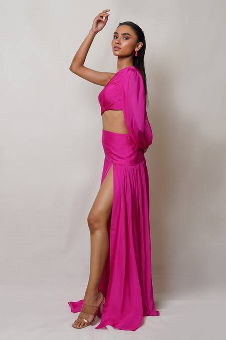 Pinup By Astha Pink Chiffon, Crepe Pearls One Shoulder Waist Cutout Gown Online at Aza Fashions Pinup By Astha_Pink Chiffon, Crepe Pearls One Shoulder Waist Cutout Gown _Online_at_Aza_Fashions