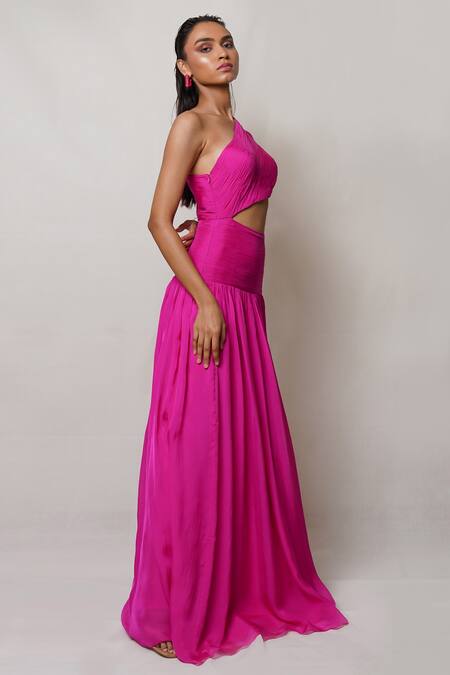 Buy Pinup By Astha Pink Chiffon, Crepe Pearls One Shoulder Waist Cutout Gown Online at Aza Fashions Buy_Pinup By Astha_Pink Chiffon, Crepe Pearls One Shoulder Waist Cutout Gown _Online_at_Aza_Fashions