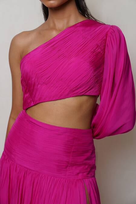 Pinup By Astha Pink Chiffon, Crepe Pearls One Shoulder Waist Cutout Gown at Aza Fashions Pinup By Astha_Pink Chiffon, Crepe Pearls One Shoulder Waist Cutout Gown _at_Aza_Fashions