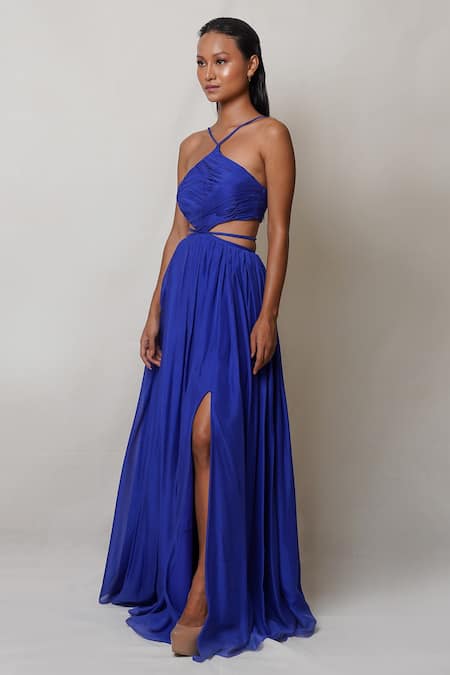 Pinup By Astha Blue Pure Flat Chiffon Lining Butter Crepe Halter Neck Front Slit Gown Online at Aza Fashions Pinup By Astha_Blue Pure Flat Chiffon Lining Butter Crepe Halter Neck Front Slit Gown _Online_at_Aza_Fashions