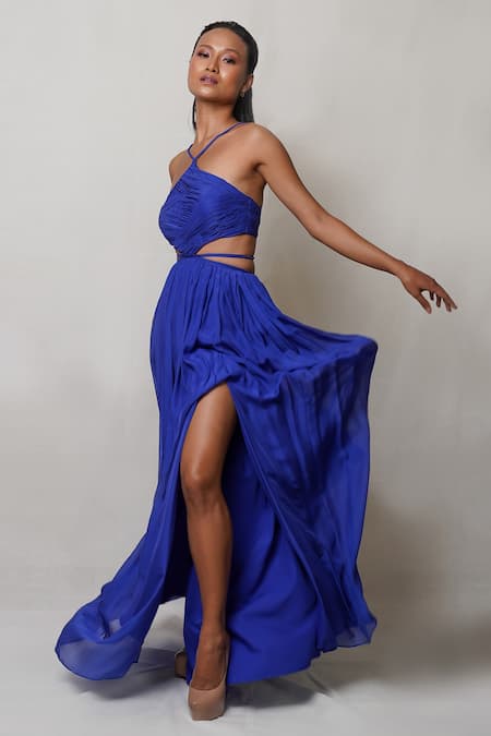 Buy Pinup By Astha Blue Pure Flat Chiffon Lining Butter Crepe Halter Neck Front Slit Gown Online at Aza Fashions Buy_Pinup By Astha_Blue Pure Flat Chiffon Lining Butter Crepe Halter Neck Front Slit Gown _Online_at_Aza_Fashions