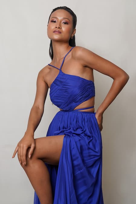 Shop Pinup By Astha Blue Pure Flat Chiffon Lining Butter Crepe Halter Neck Front Slit Gown Online at Aza Fashions Shop_Pinup By Astha_Blue Pure Flat Chiffon Lining Butter Crepe Halter Neck Front Slit Gown _Online_at_Aza_Fashions