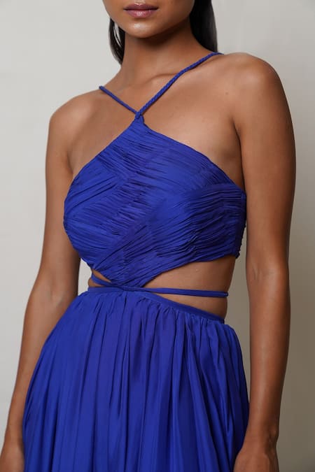 Pinup By Astha Blue Pure Flat Chiffon Lining Butter Crepe Halter Neck Front Slit Gown at Aza Fashions Pinup By Astha_Blue Pure Flat Chiffon Lining Butter Crepe Halter Neck Front Slit Gown _at_Aza_Fashions