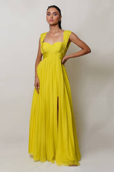 Pinup By Astha Yellow Chiffon, Crepe Sweetheart Neck Pleated Neckline Gown Online at Aza Fashions Pinup By Astha_Yellow Chiffon, Crepe Sweetheart Neck Pleated Neckline Gown _Online_at_Aza_Fashions
