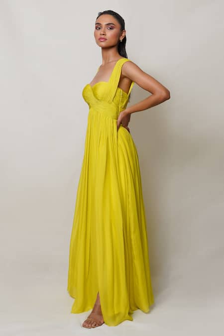 Buy Pinup By Astha Yellow Chiffon, Crepe Sweetheart Neck Pleated Neckline Gown Online at Aza Fashions Buy_Pinup By Astha_Yellow Chiffon, Crepe Sweetheart Neck Pleated Neckline Gown _Online_at_Aza_Fashions