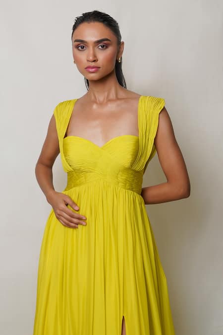 Shop Pinup By Astha Yellow Chiffon, Crepe Sweetheart Neck Pleated Neckline Gown Online at Aza Fashions Shop_Pinup By Astha_Yellow Chiffon, Crepe Sweetheart Neck Pleated Neckline Gown _Online_at_Aza_Fashions