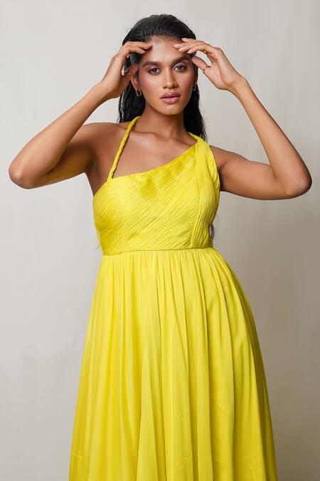 Shop Pinup By Astha Yellow Chiffon, Crepe Halter Neck Gown Online at Aza Fashions Shop_Pinup By Astha_Yellow Chiffon, Crepe Halter Neck Gown _Online_at_Aza_Fashions
