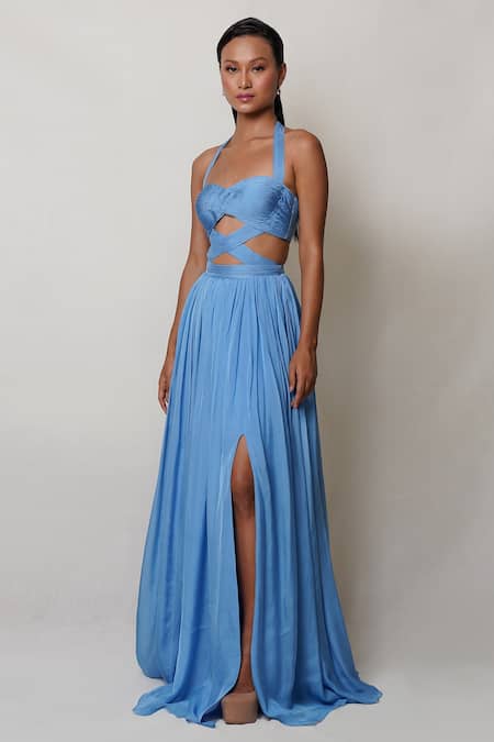Pinup By Astha Blue Chiffon, Crepe Halter Neck Criss Cross Waist Cutout Gown Online at Aza Fashions Pinup By Astha_Blue Chiffon, Crepe Halter Neck Criss Cross Waist Cutout Gown _Online_at_Aza_Fashions