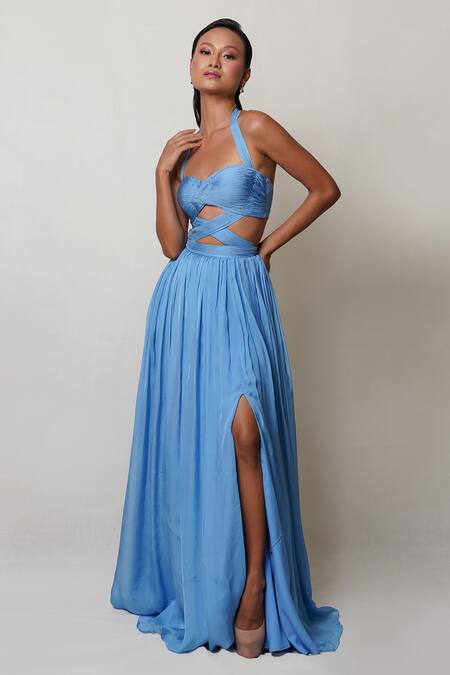 Buy Pinup By Astha Blue Chiffon, Crepe Halter Neck Criss Cross Waist Cutout Gown Online at Aza Fashions Buy_Pinup By Astha_Blue Chiffon, Crepe Halter Neck Criss Cross Waist Cutout Gown _Online_at_Aza_Fashions