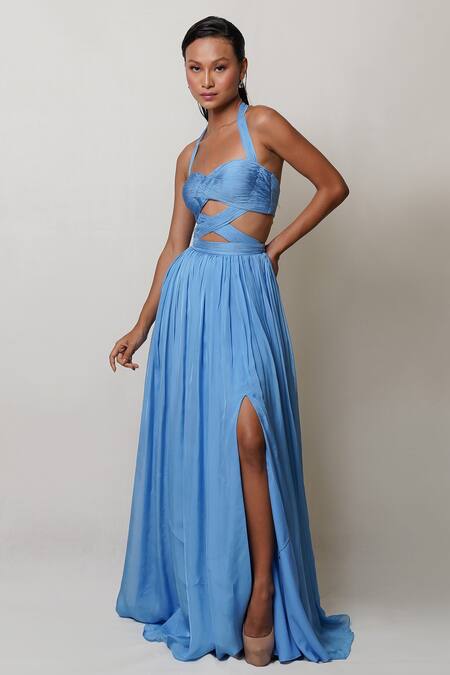 Shop Pinup By Astha Blue Chiffon, Crepe Halter Neck Criss Cross Waist Cutout Gown Online at Aza Fashions Shop_Pinup By Astha_Blue Chiffon, Crepe Halter Neck Criss Cross Waist Cutout Gown _Online_at_Aza_Fashions