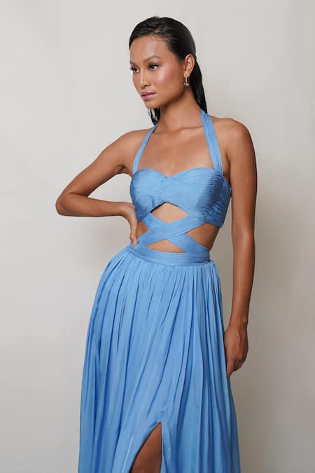 Pinup By Astha Blue Chiffon, Crepe Halter Neck Criss Cross Waist Cutout Gown at Aza Fashions Pinup By Astha_Blue Chiffon, Crepe Halter Neck Criss Cross Waist Cutout Gown _at_Aza_Fashions