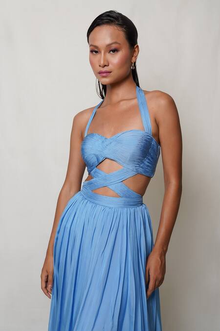 Buy Pinup By Astha Blue Chiffon, Crepe Halter Neck Criss Cross Waist Cutout Gown Buy_Pinup By Astha_Blue Chiffon, Crepe Halter Neck Criss Cross Waist Cutout Gown