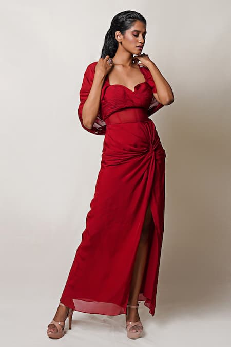 Pinup By Astha Maroon Art Flat Chiffon Lining Butter Crepe Corset Bodice Draped Gown at Aza Fashions Pinup By Astha_Maroon Art Flat Chiffon Lining Butter Crepe Corset Bodice Draped Gown _at_Aza_Fashions