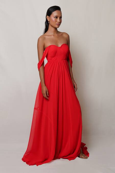 Pinup By Astha Red Georgette, Crepe Sweetheart Neck Off Shoulder Pleated Gown Online at Aza Fashions Pinup By Astha_Red Georgette, Crepe Sweetheart Neck Off Shoulder Pleated Gown _Online_at_Aza_Fashions