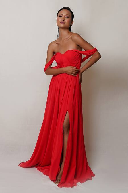 Buy Pinup By Astha Red Georgette, Crepe Sweetheart Neck Off Shoulder Pleated Gown Online at Aza Fashions Buy_Pinup By Astha_Red Georgette, Crepe Sweetheart Neck Off Shoulder Pleated Gown _Online_at_Aza_Fashions