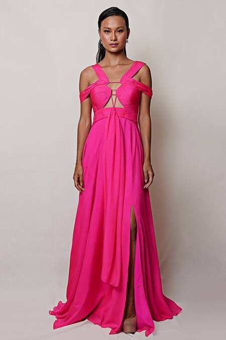 Pinup By Astha Pink Pure Flat Chiffon Lining Butter Crepe V Neck Front Cutout Gown Online at Aza Fashions Pinup By Astha_Pink Pure Flat Chiffon Lining Butter Crepe V Neck Front Cutout Gown _Online_at_Aza_Fashions