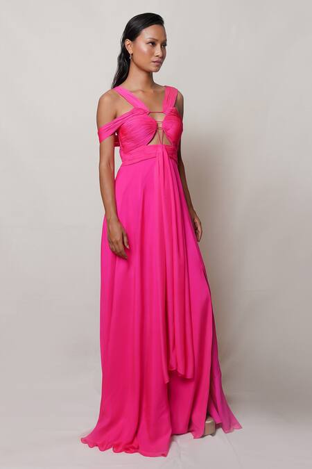 Buy Pinup By Astha Pink Pure Flat Chiffon Lining Butter Crepe V Neck Front Cutout Gown Online at Aza Fashions Buy_Pinup By Astha_Pink Pure Flat Chiffon Lining Butter Crepe V Neck Front Cutout Gown _Online_at_Aza_Fashions