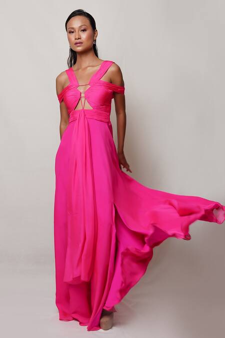 Shop Pinup By Astha Pink Pure Flat Chiffon Lining Butter Crepe V Neck Front Cutout Gown Online at Aza Fashions Shop_Pinup By Astha_Pink Pure Flat Chiffon Lining Butter Crepe V Neck Front Cutout Gown _Online_at_Aza_Fashions