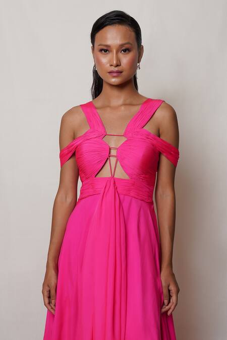 Shop Pinup By Astha Pink Pure Flat Chiffon Lining Butter Crepe V Neck Front Cutout Gown Shop_Pinup By Astha_Pink Pure Flat Chiffon Lining Butter Crepe V Neck Front Cutout Gown