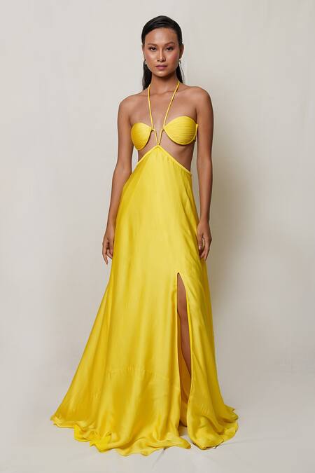 Pinup By Astha Yellow Satin, Georgette, Crepe Halter Neck Waist Cutout Gown Online at Aza Fashions Pinup By Astha_Yellow Satin, Georgette, Crepe Halter Neck Waist Cutout Gown _Online_at_Aza_Fashions